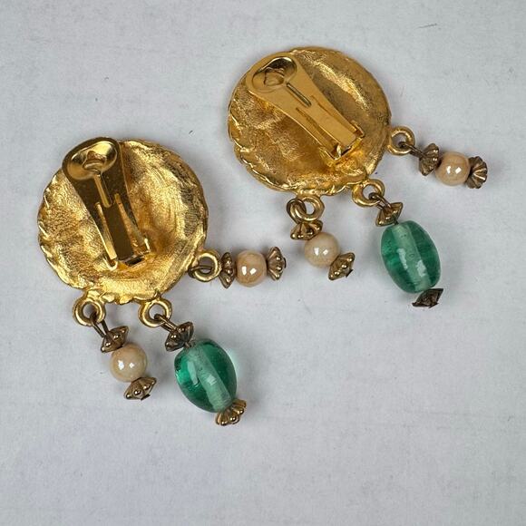 VTG Clip On Earrings Gold Tone Large Stud Glass Beads Dangle Funky 80s Art - Picture 3 of 5